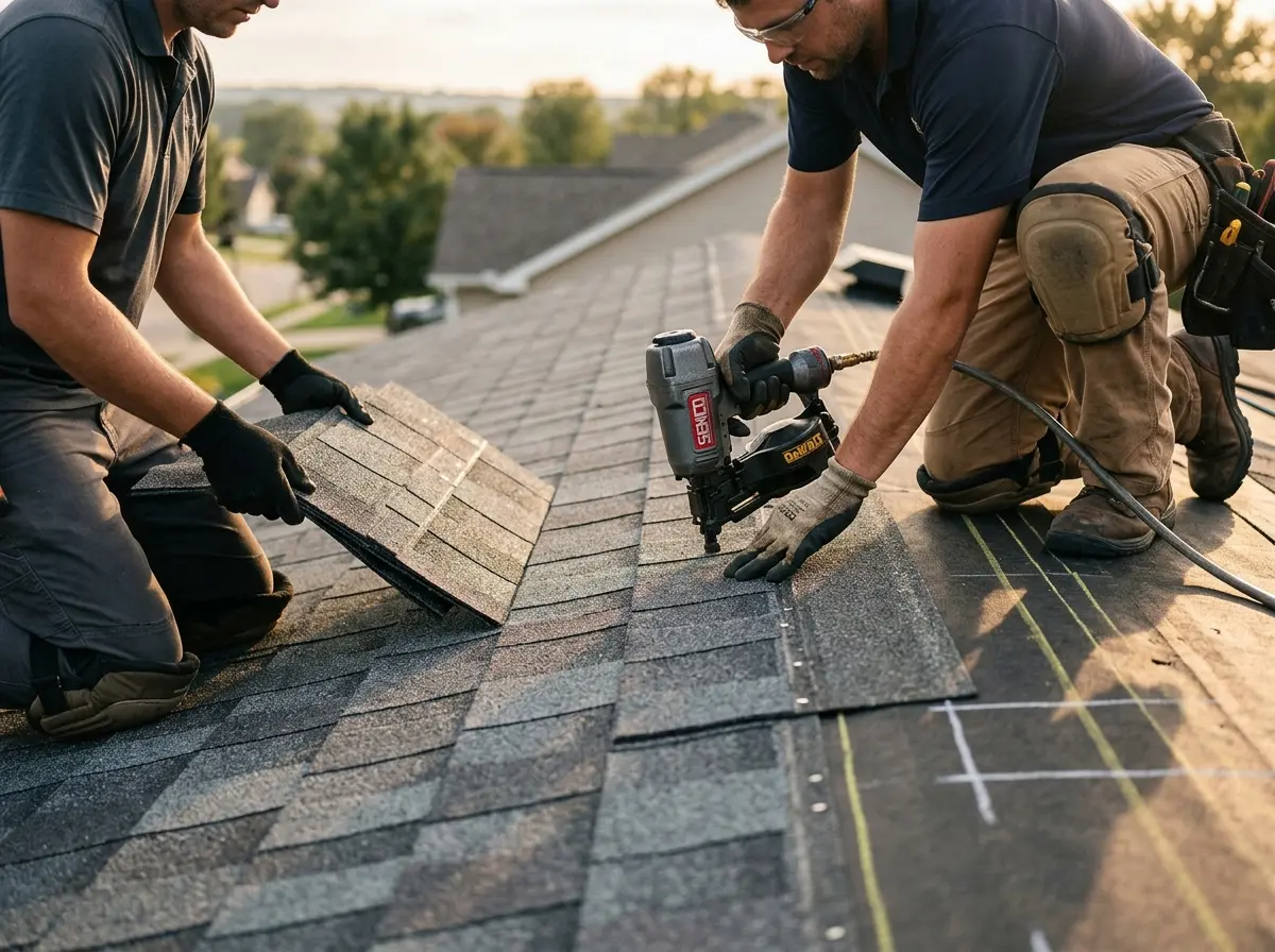 Professional roofer working on a residential roof in North Vernon